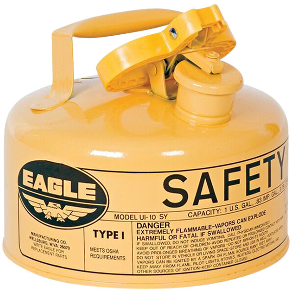 An Eagle yellow steel safety can with a handle.