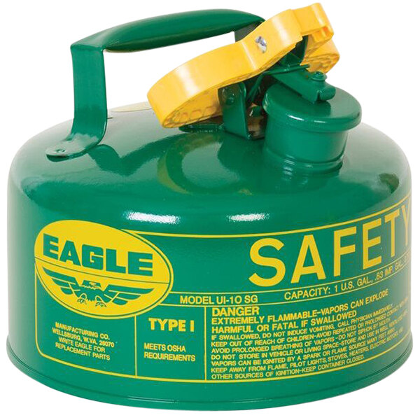 A green Eagle Manufacturing 1 gallon safety can with yellow text and a handle.