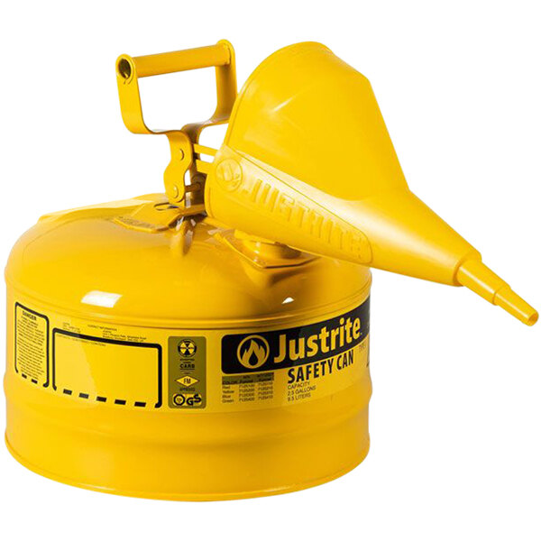 A yellow Justrite safety can with a nozzle and funnel.