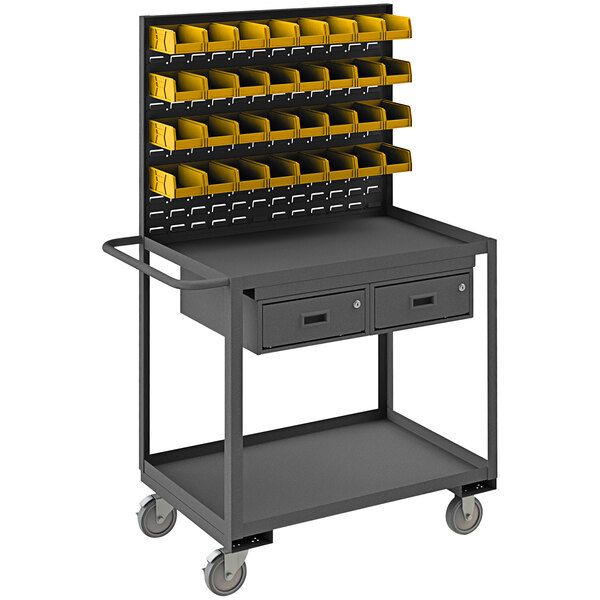 A black metal Durham mobile workstation with a shelf of yellow bins and two drawers.