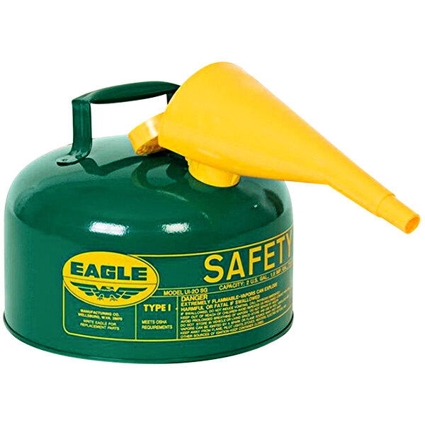 A green Eagle safety can with yellow accents and funnel.