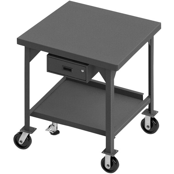 A Durham grey metal workbench with wheels and a drawer.