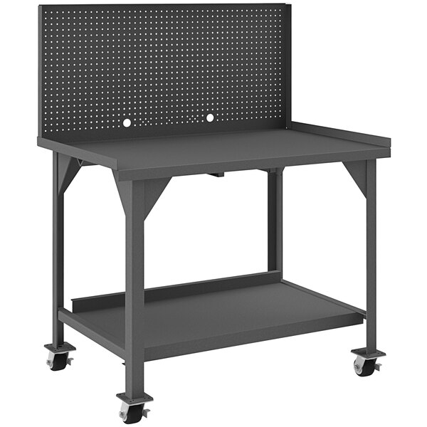 A black Durham Manufacturing mobile heavy-duty steel workbench with pegboard and 2 shelves.