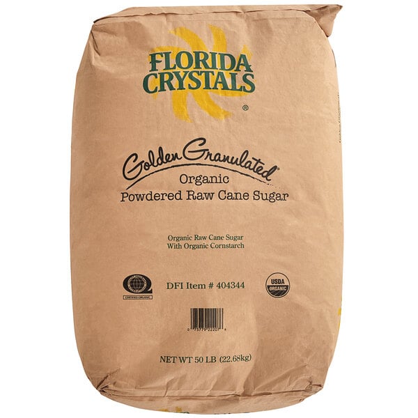 A brown bag of Florida Crystals Organic 10X Powdered Raw Cane Sugar.
