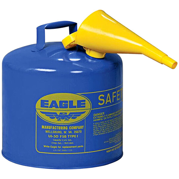 An Eagle blue steel kerosene safety can with yellow accents.