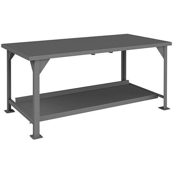 A grey rectangular steel workbench with 2 shelves.