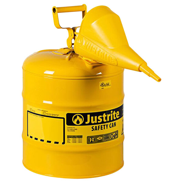 A yellow Justrite steel safety can with a funnel.