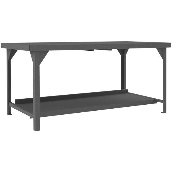 A grey steel Durham workbench with shelves.