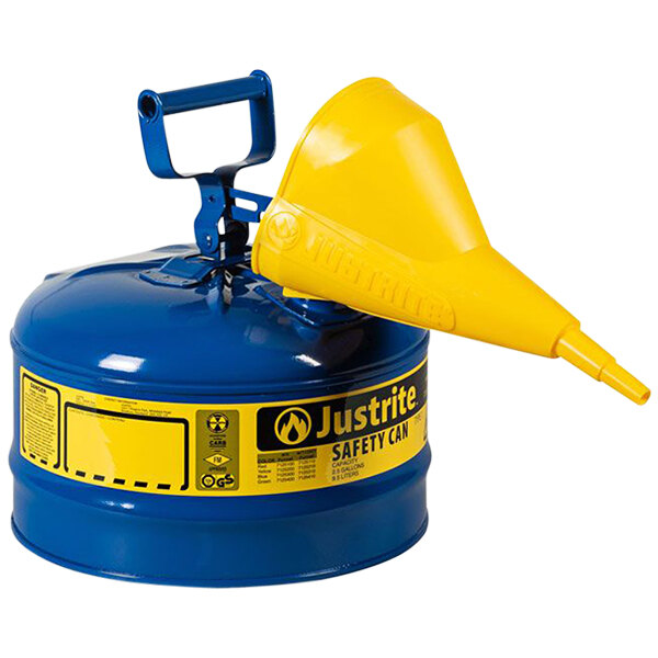 A blue and yellow Justrite safety can with yellow accents and a yellow funnel.
