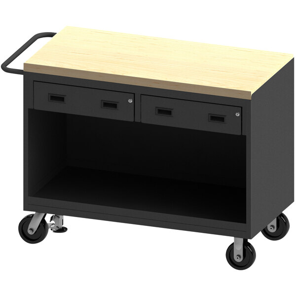 A black mobile work cart with wooden drawers and top.