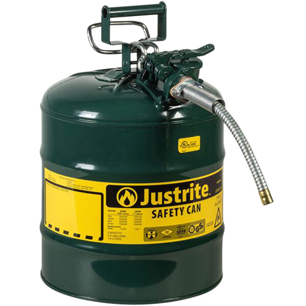 A green Justrite safety canister with a metal hose.