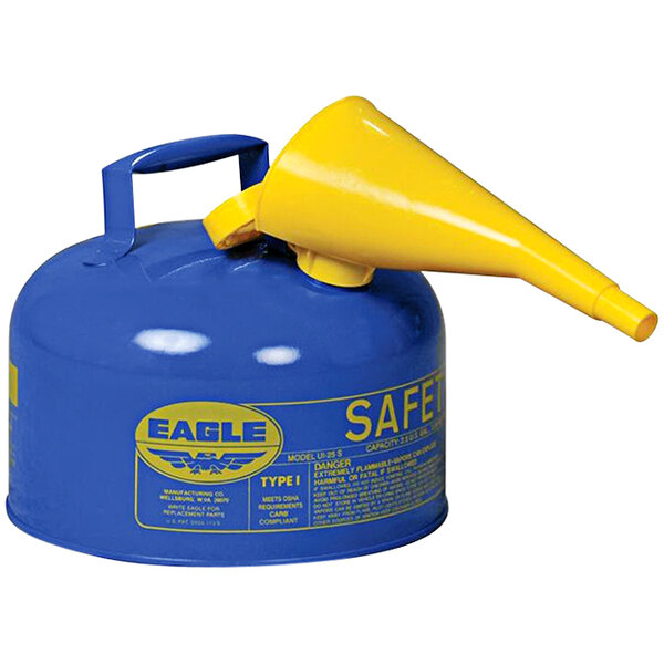 A blue and yellow Eagle Manufacturing steel safety can with a yellow funnel spout.