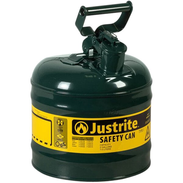 A green Justrite safety can with yellow label.