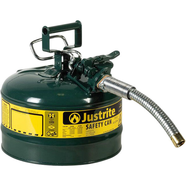 A green Justrite steel safety can with a metal hose.