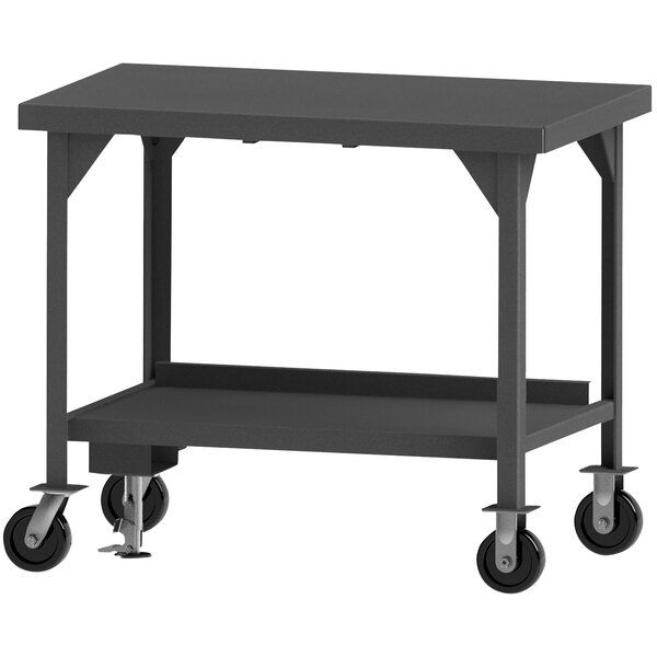 A black metal Durham Mobile Workbench with wheels.