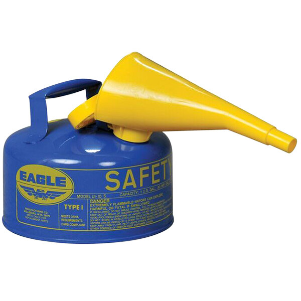 A blue and yellow Eagle Manufacturing safety can with a yellow funnel.