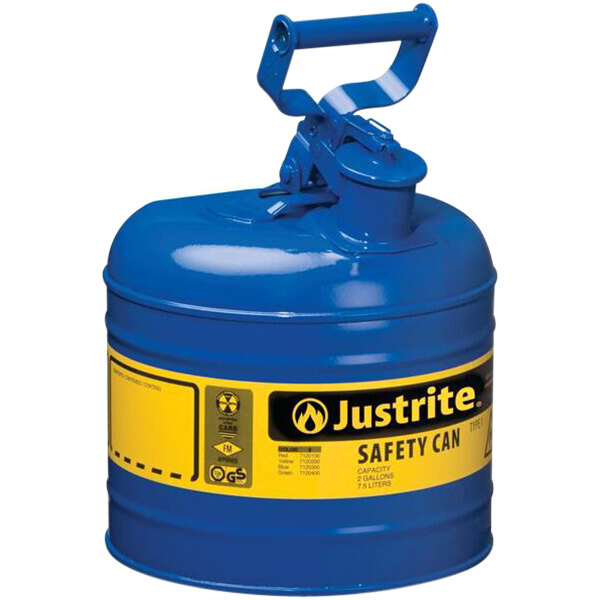 A blue metal Justrite safety can with a yellow label.