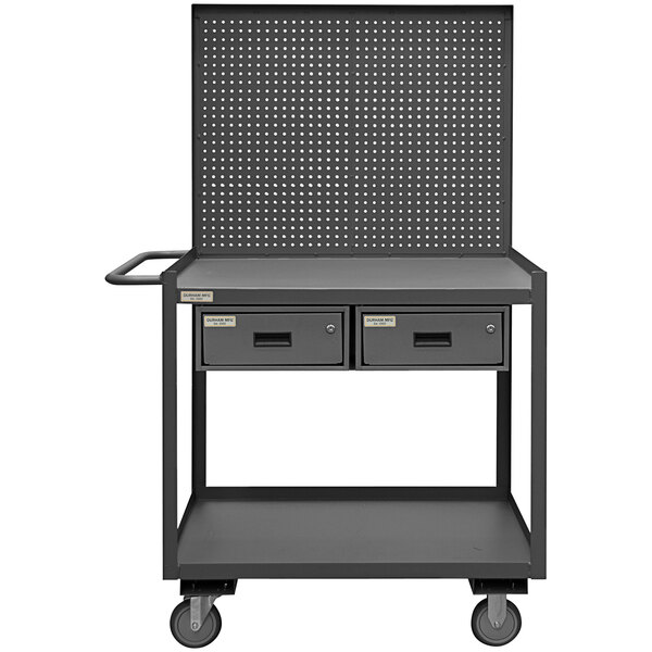 A gray Durham Manufacturing mobile workstation with shelves, pegboard, and two drawers.