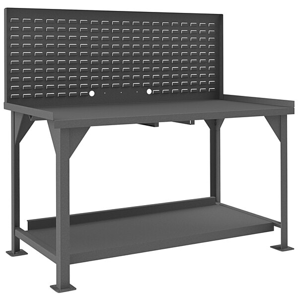 A black metal Durham workbench with 2 shelves and a louvered panel.