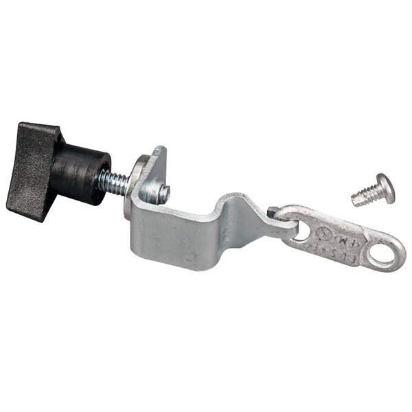 A black and silver metal piece with a black handle, a bolt, and a metal clamp.