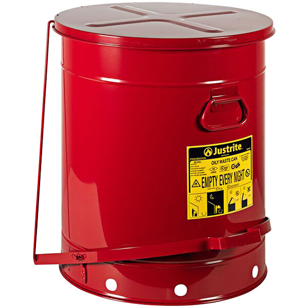 Justrite 21 Gallon Red HandsFree Oily Waste Can with SoundGard Cover