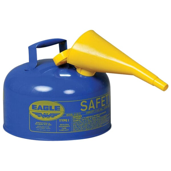 A blue Eagle Manufacturing steel kerosene safety can with yellow accents and a yellow funnel.