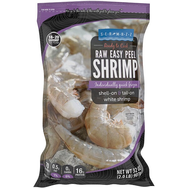 A white bag of Seamazz raw shrimp.