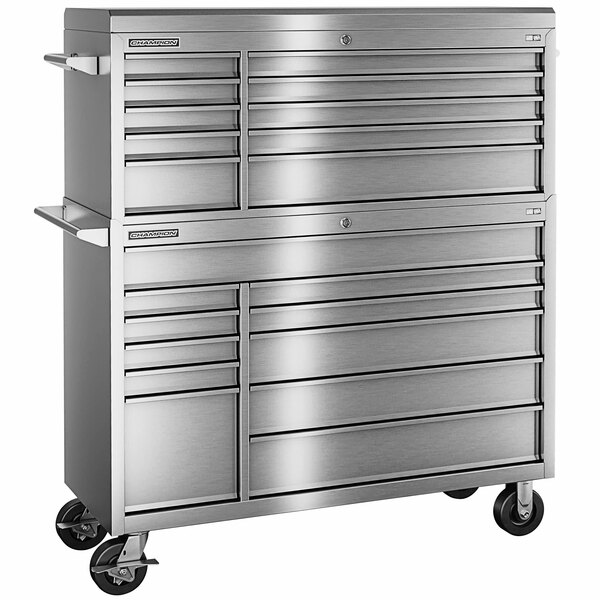 A Champion Tool Storage stainless steel top chest and mobile storage cabinet with 21 drawers on wheels.