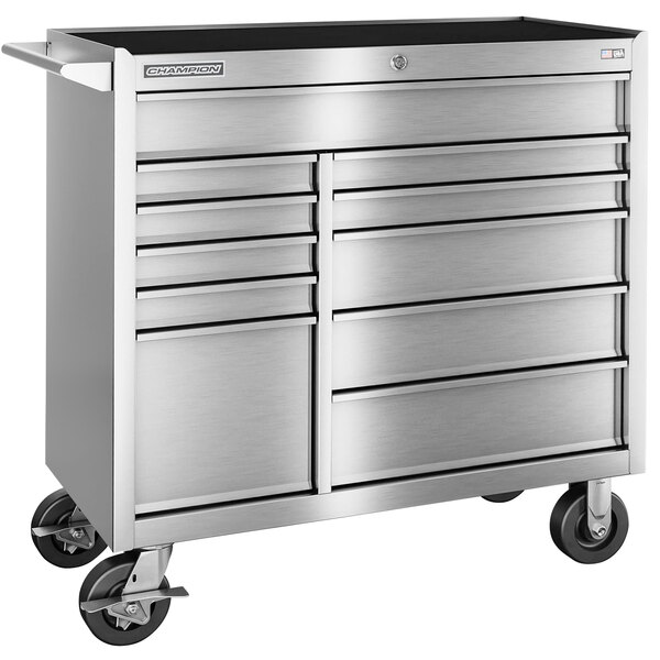 A silver Champion Tool Storage stainless steel mobile cabinet with 11 drawers.