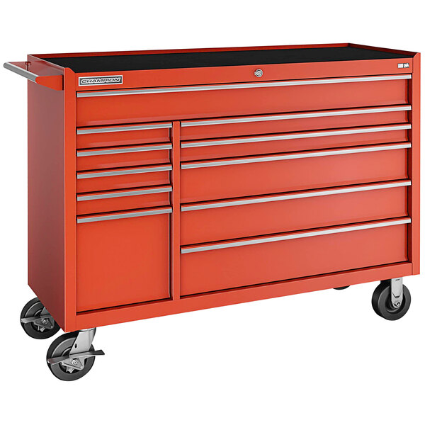 A red Champion Tool Storage mobile storage cabinet with drawers on wheels.