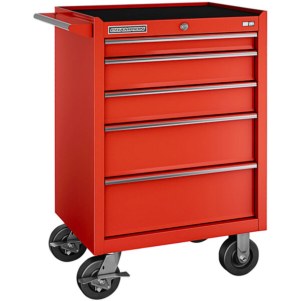A red Champion Tool Storage mobile cabinet with 5 drawers on wheels.