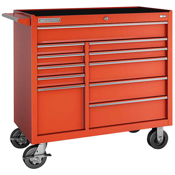 A Champion Tool Storage red mobile storage cabinet with drawers and wheels.