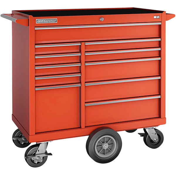 A red Champion Tool Storage mobile cart with drawers on wheels.