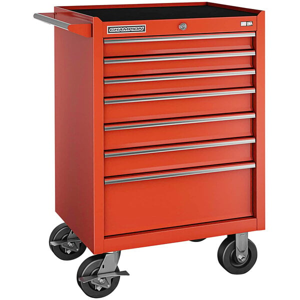 A red Champion Tool Storage mobile cabinet with drawers and wheels.