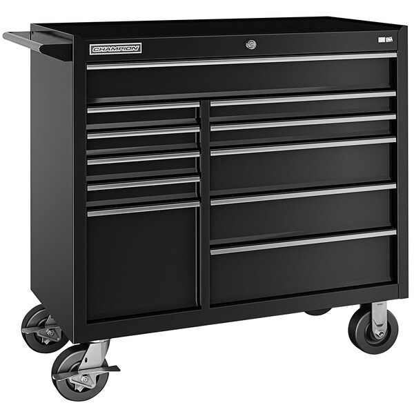 A Champion Tool Storage black 11-drawer mobile storage cabinet on wheels.