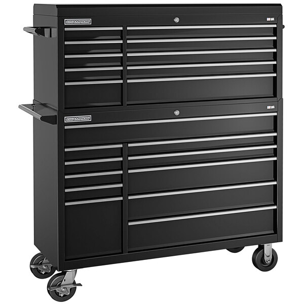A black Champion Tool Storage top chest and mobile storage cabinet with drawers on wheels.