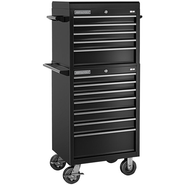 A black Champion Tool Storage top chest with drawers and wheels.