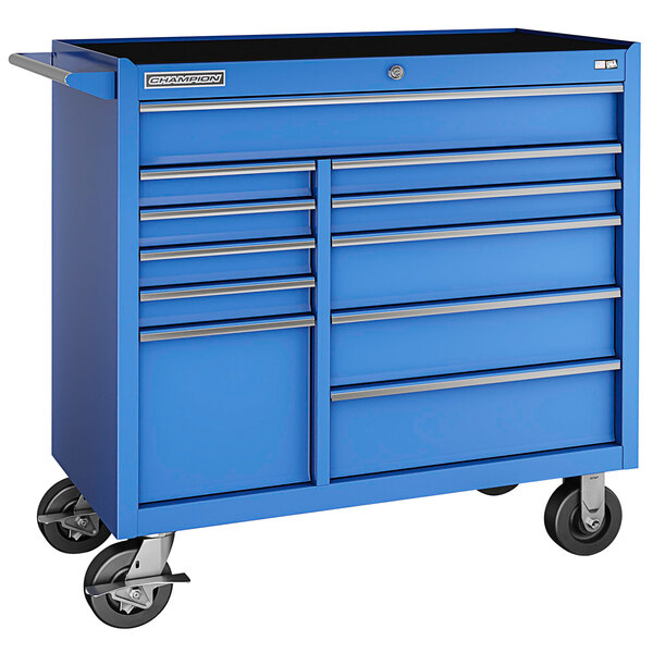 A blue Champion Tool Storage mobile cabinet with 11 drawers on wheels.