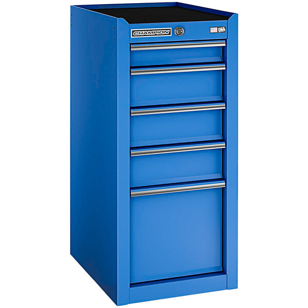 A blue metal Champion Tool Storage side cabinet with five drawers and silver handles.