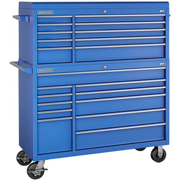 A blue Champion Tool Storage top chest and mobile cabinet with drawers on wheels.