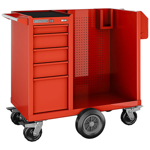 A red Champion Tool Storage 5-drawer cabinet on wheels.