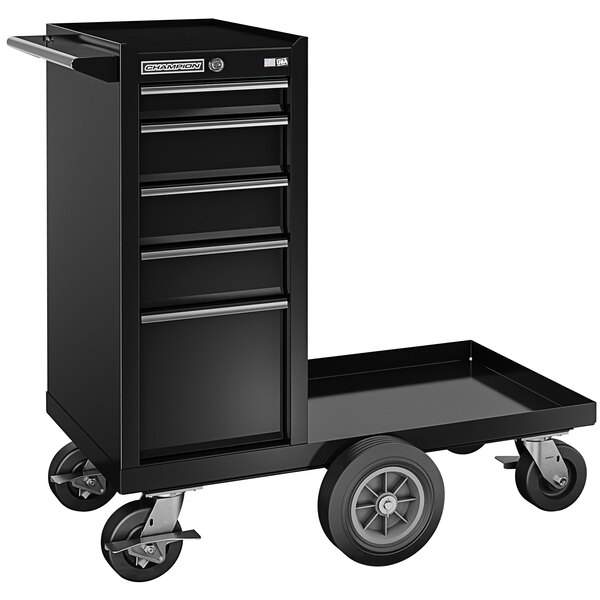 A black Champion Tool Storage maintenance cart with four drawers and wheels.
