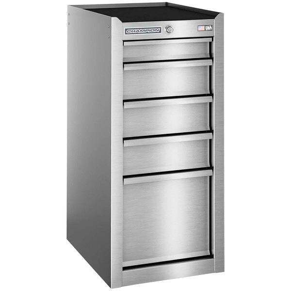 A silver stainless steel 5-drawer side cabinet by Champion Tool Storage.