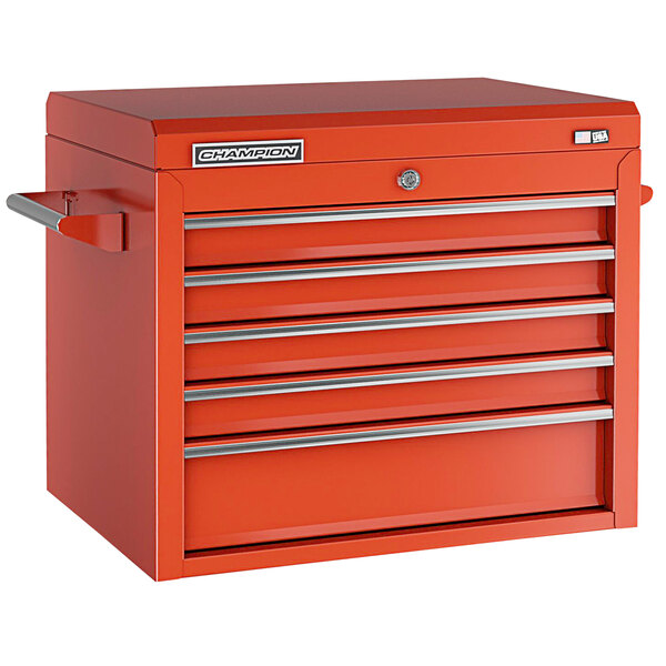 A red Champion Tool Storage top chest with five drawers.