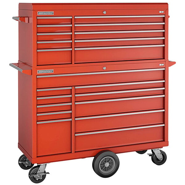 A red Champion Tool Storage top chest and mobile storage cabinet on wheels with drawers.