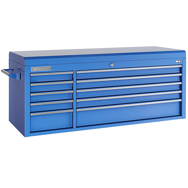 A blue Champion Tool Storage top chest with ten drawers and silver handles.