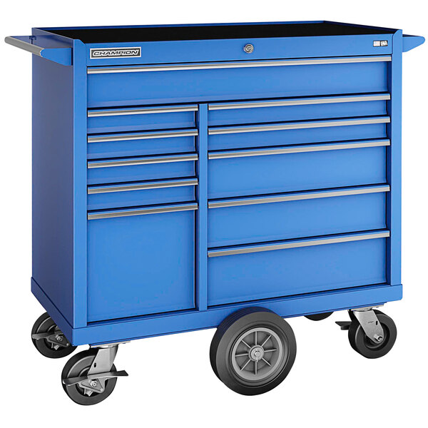 A blue Champion Tool Storage mobile storage cabinet with maintenance cart and wheels.