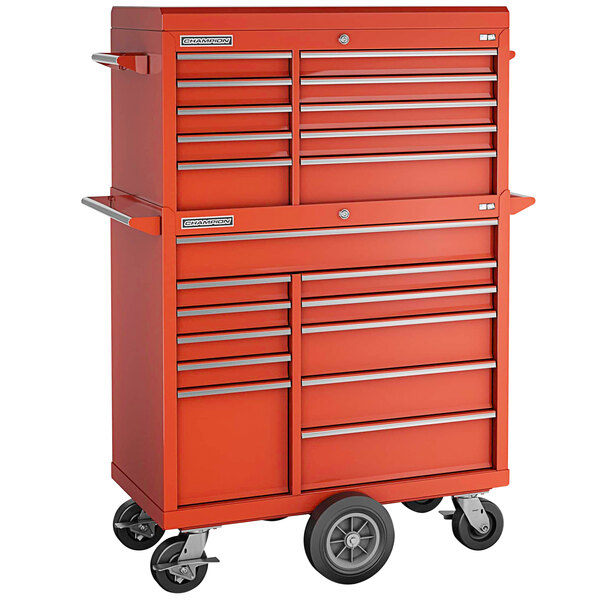 A red Champion Tool Storage top chest and mobile storage cabinet with drawers on wheels.