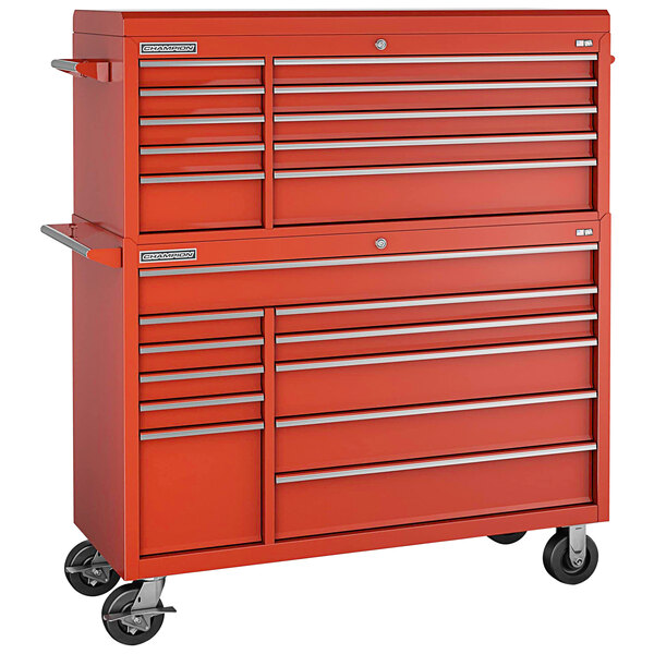A red Champion Tool Storage top chest and mobile cabinet with drawers and wheels.