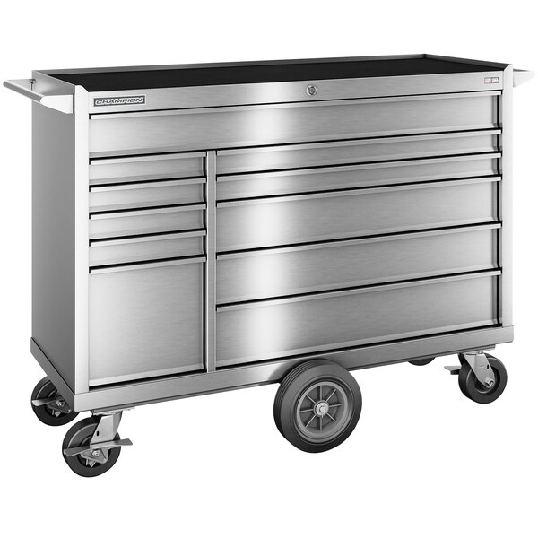 A silver Champion Tool Storage stainless steel mobile storage cabinet with 11 drawers on wheels.